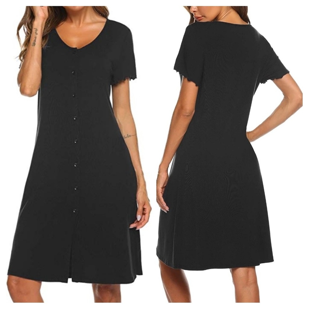 Sleepwear pajama dress button-up v-neck